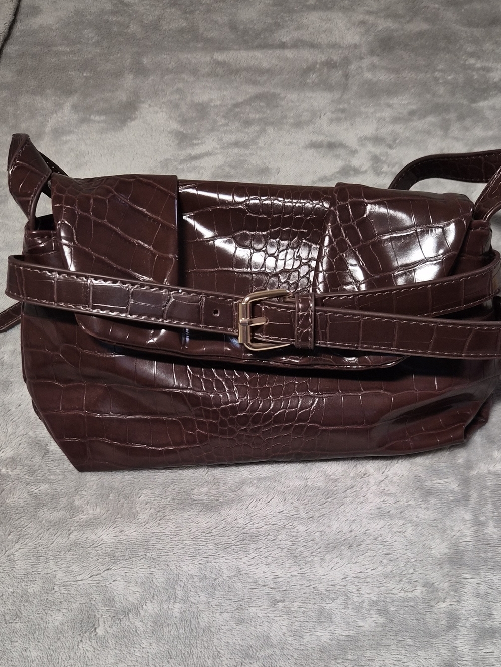 Classic Croc-Embossed Brown Shoulder Bag